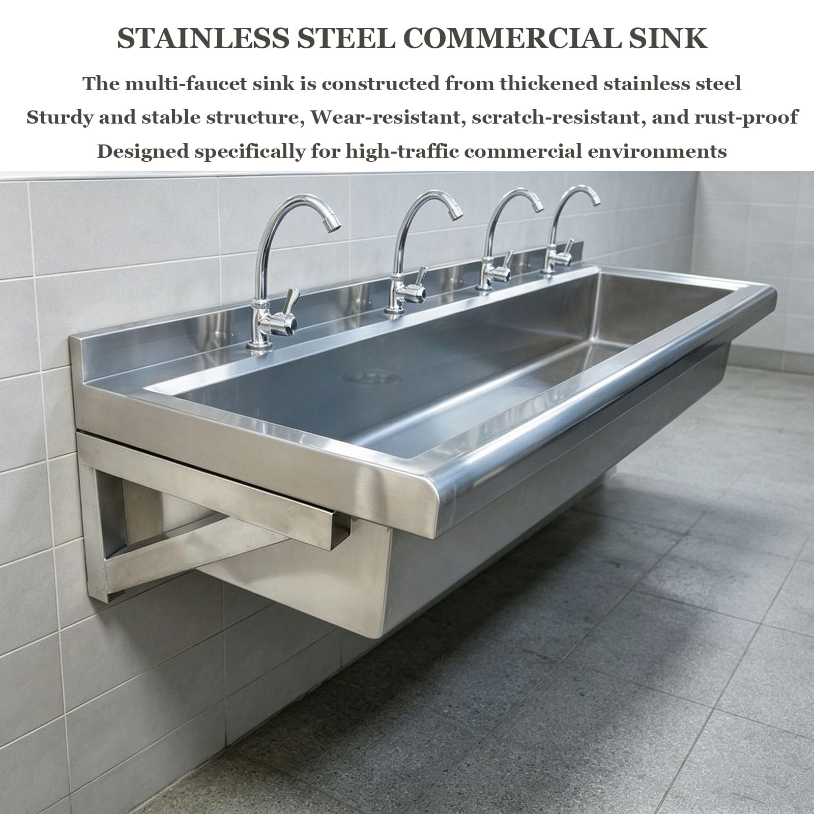 Générique Évier-Auge Professionnel en Acier Inoxydable avec robinets, Lave-Mains collectif Robuste et allongé, Évier Utilitaire Mural pour Restaurant, école, Cuisine ou sanitaires publics