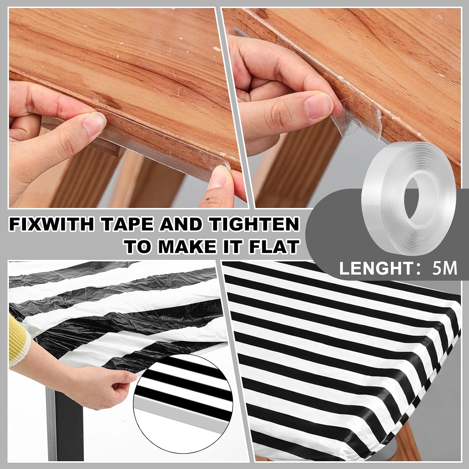 Boao 6 Pcs Plastic Picnic Table Cover 72 x 30 Inch for 6 ft Tables Disposable Waterproof Blue and White Striped Table Covers with Elastic Fitted for Picnic Camping Birthday Outdoor Party (Black)
