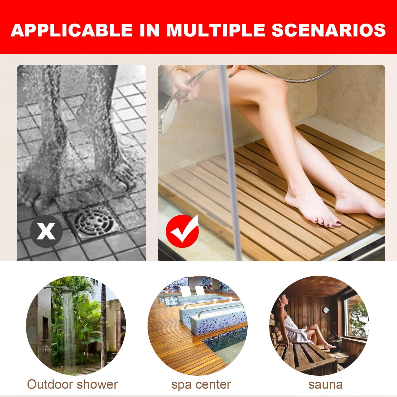 Pedana Doccia Legno con Maniglia, Pedana Per Doccia Esterna, Pedana Doccia for Doccia Interna For Bagno, Sauna, Vasca, Spa(19.7 * 11.8in)