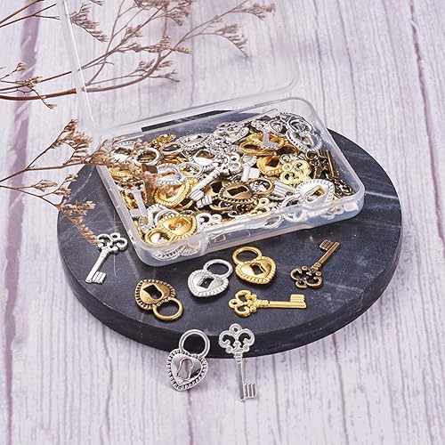 Miniatura 3 de Mega Pet Juego de 80 piezas de candado en forma de corazón con dije de llave, llave de esqueleto tibetano con dije de cuentas de bloqueo de corazón