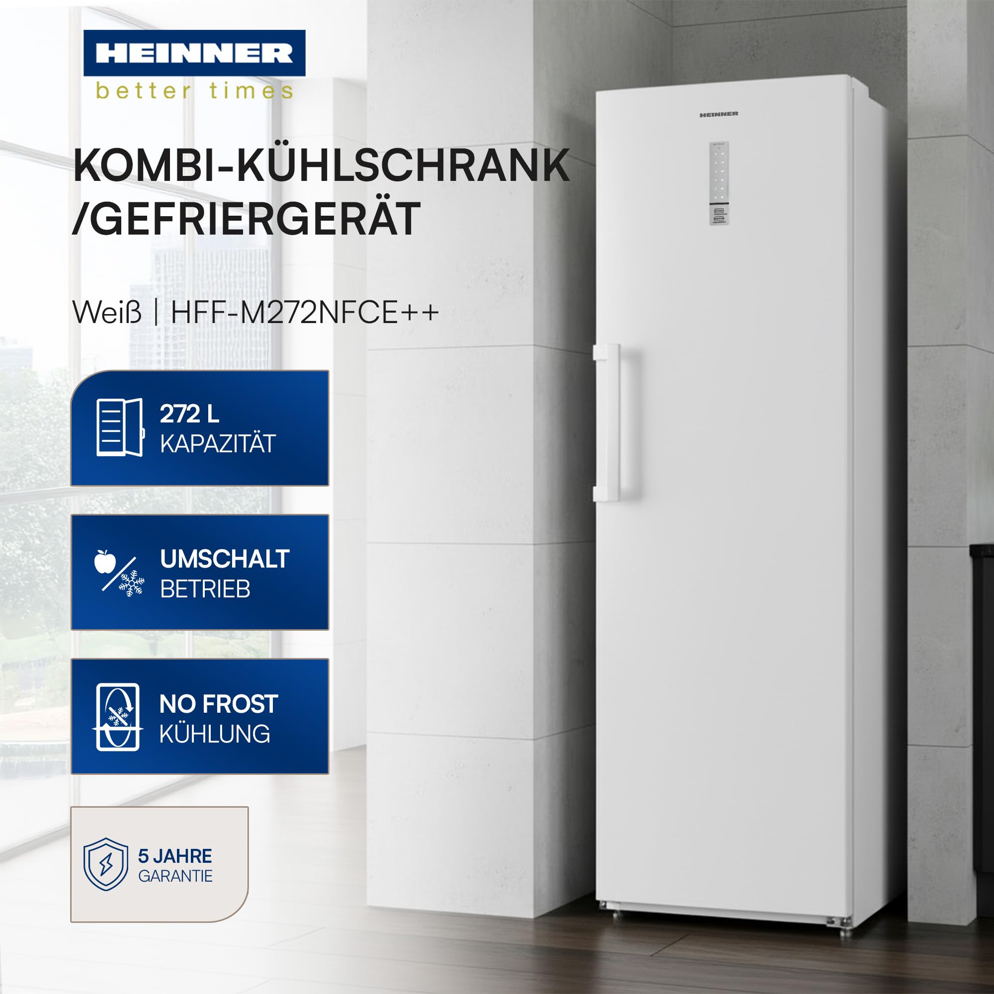 HFF-M272NFCE++ – 272 L NO FROST Gefrierschrank/Convertible Kühlschrank & Gefriergerät, LED‑Display, Elektronische Steuerung, Weiß‑Optik, 5 Jahre Garantie (Weiß)