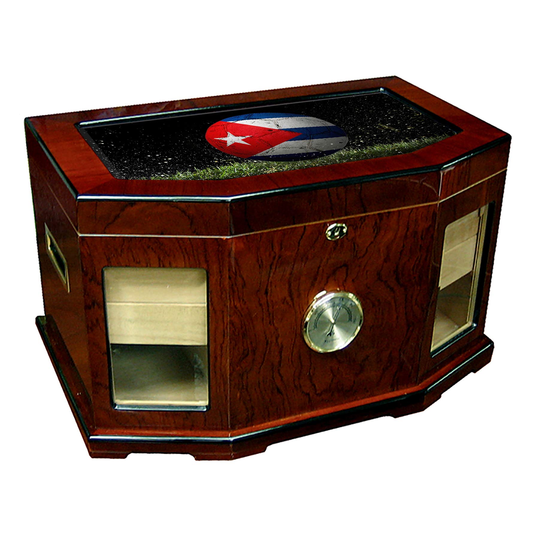 Large Premium Desktop Humidor - Glass Top - Flag of Cuba (Cuban) - Soccer Design - 300 Cigar Capacit