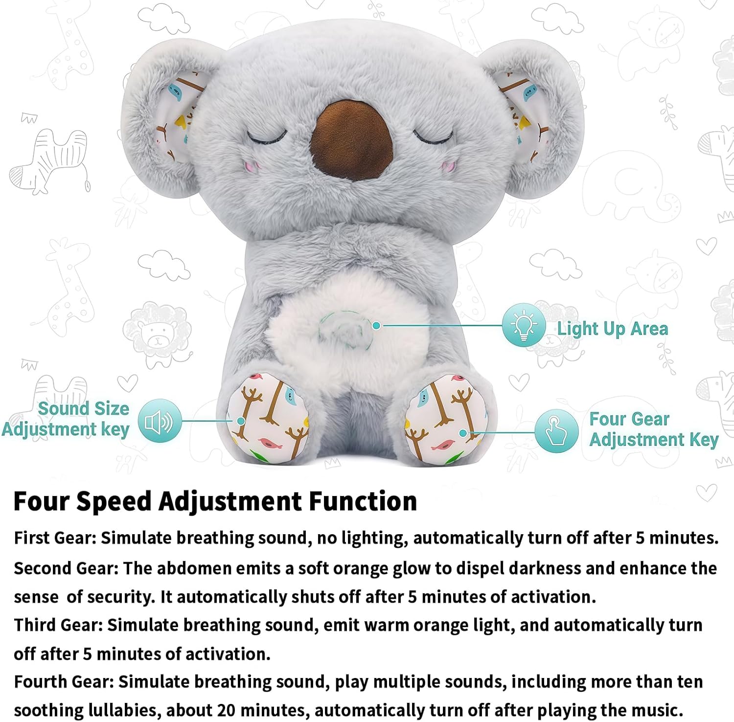 rytopt Breathing Stuffed Animal, No Breathing Movement in Its Abdomen, Koala Stuffed Animal, 4 Gear Adjustment, Volume Control, with Music & Lights