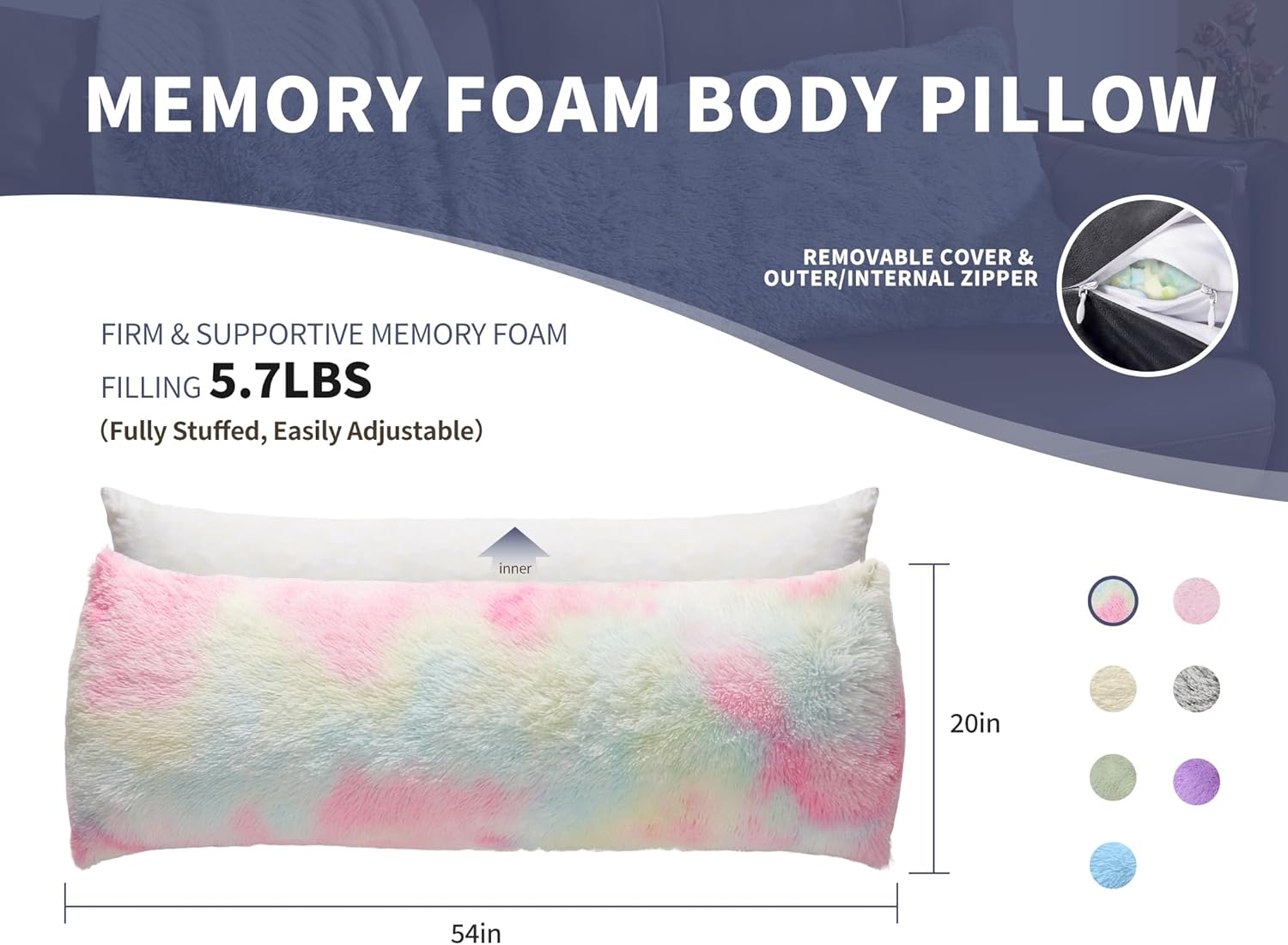 WSOFRLAC Leg Pillow for Side Sleeping 20x54 Large Bolster Pillow for Bed Weighted Firm Body Pillows with Cover for Adults Long Bed Back Sleeper Pillows for Sleeping Machine Washable Rainbow