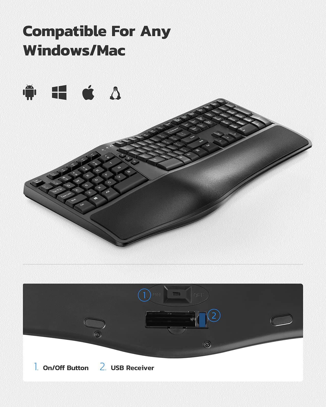 2.4G Wireless Ergonomic Split Keyboard with Pillowed Wrist Rest, USB