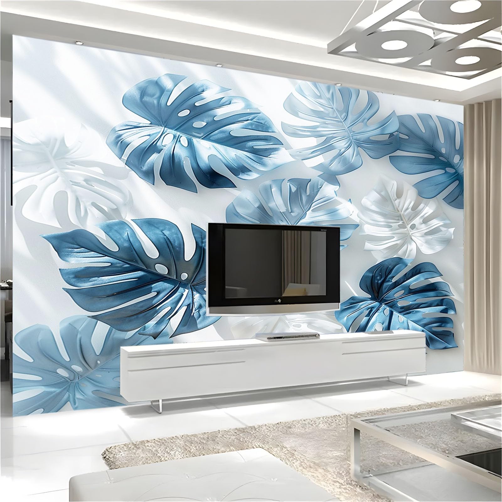 Fototapeta monstera liście niebieskie tapety murale na ściany, dzieci sypialnia przedszkole mural ścienny dekoracja ścienna papier plakat szer. 400 x wys. 280 cm