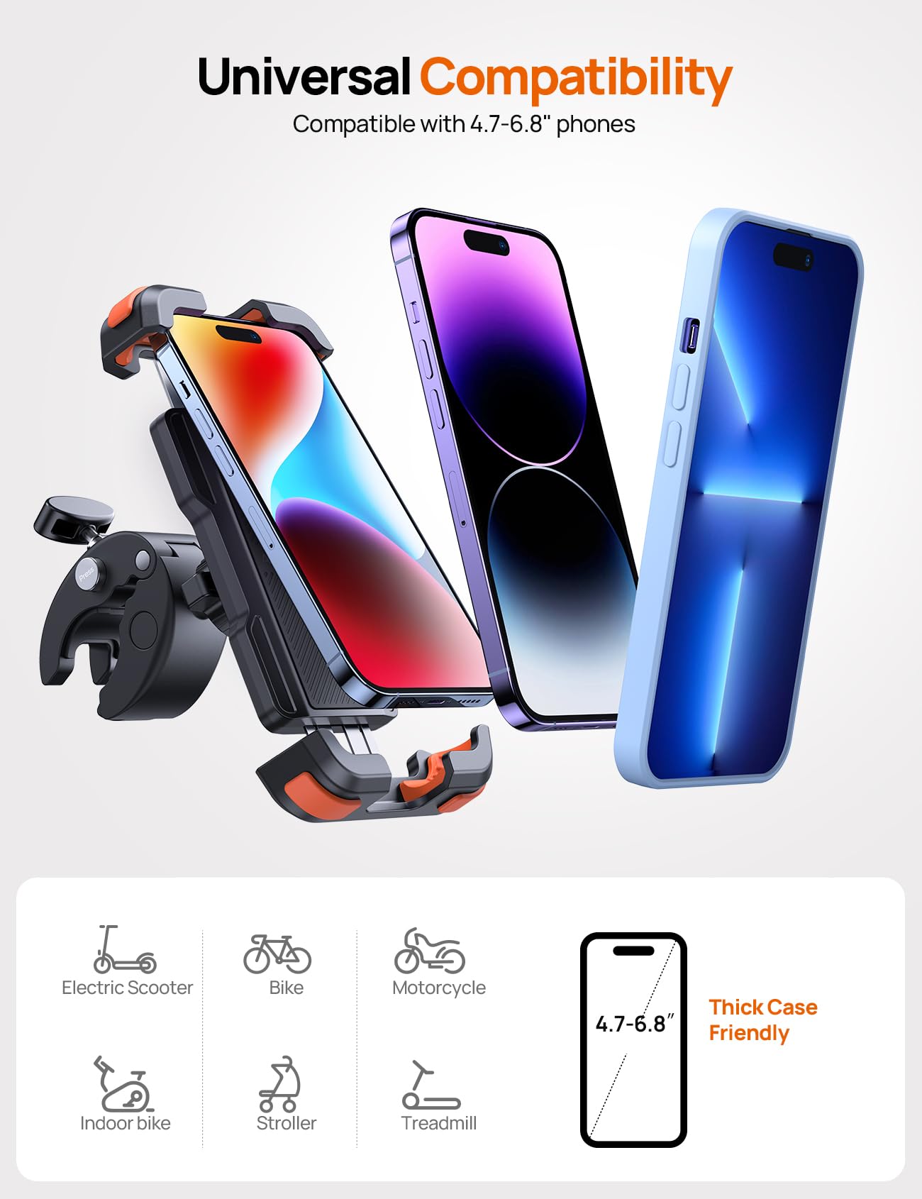 Aomiker Soporte para teléfono de motocicleta para bicicleta, liberación rápida 2024, abrazadera para manubrio, clip de teléfono para iPhone 15, 14, 13, 12, 11 Pro Max Plus Mini, 4.7-6.8 pulgadas