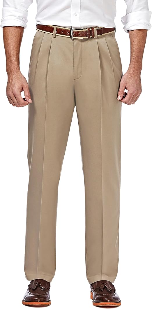 Haggar Men's Premium No Iron Khaki Classic Fit Pleat Front Regular and Big & Tall Sizes