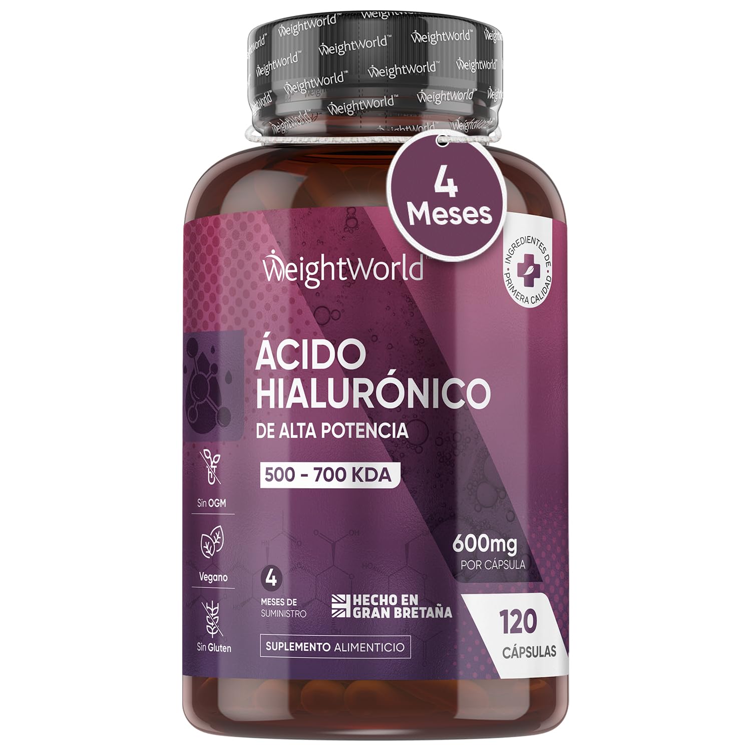 Ácido Hialurónico 120 Cápsulas Veganas, 600mg de Alta Potencia por Porción - 4 Meses de Suministro, 500-700 KDA, Perfecto Para Veganos y Vegetarianos, Ingredientes de Origen Natural, Sin Gluten ni OGM