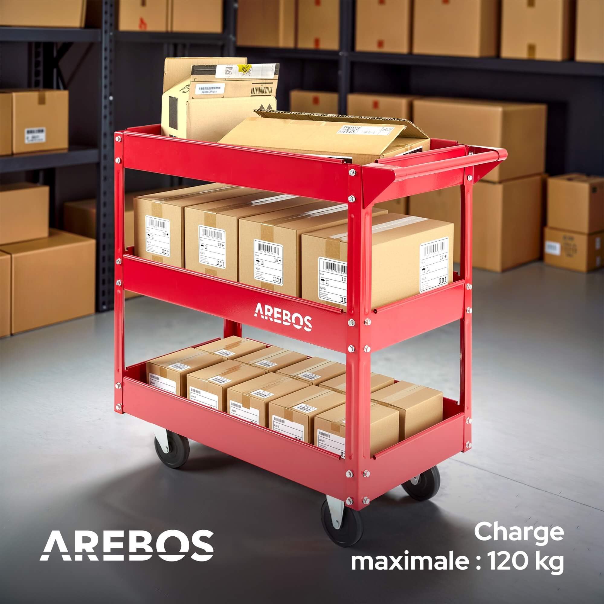 Arebos Lot de 2 Chariots d’Atelier avec 3 Étagères | Structure Robuste en Acier | Capacité Jusqu’à 120 kg | Chariot Mobile pour Atelier, Garage et Bricolage