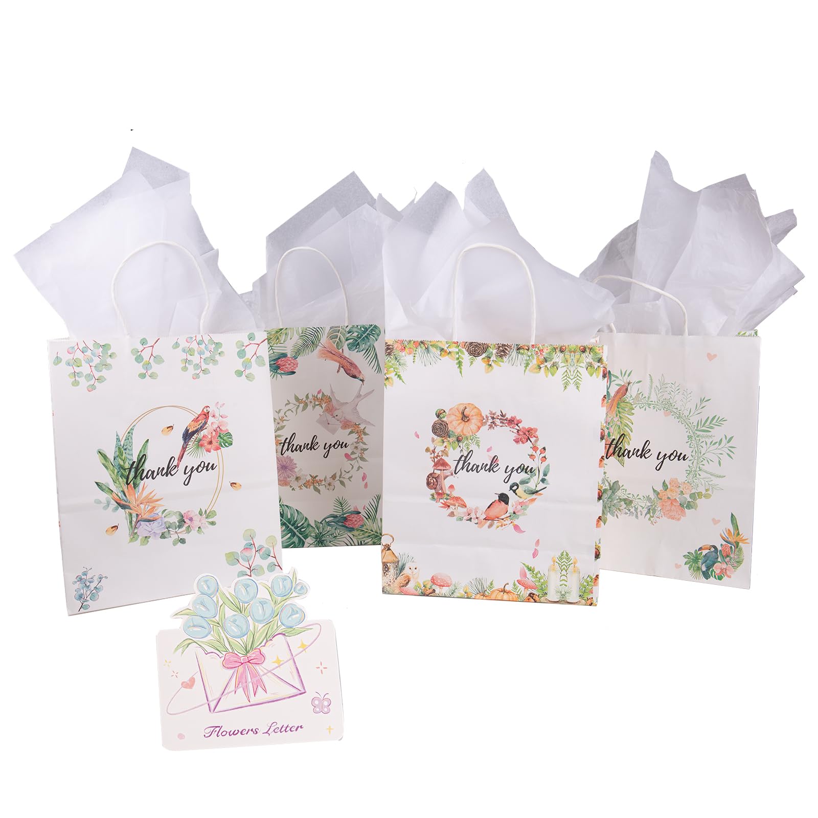 Muswarm 10.6in (27cm) Medium Mother's Day Gift Bag Set 4pc,Flowers and Thank you Patterns,with Tissues and Greeting Cards
