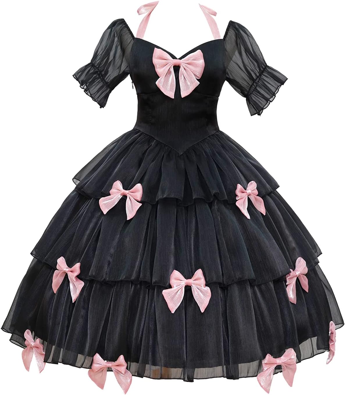 Womens Lolita Dress for Girl Gothic Pink Puff Sleeve Dress with Bow