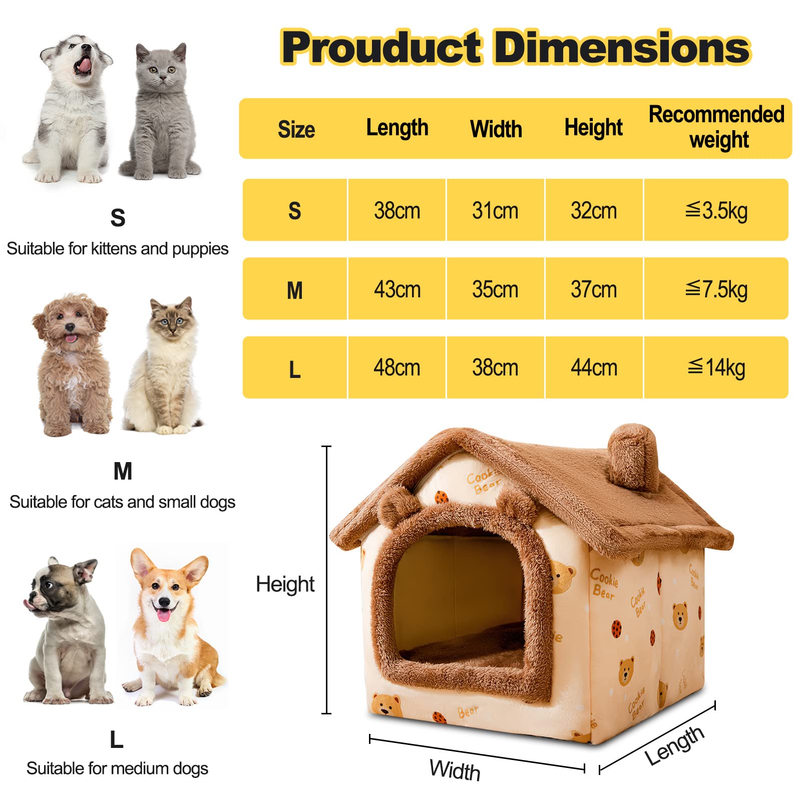 Galatée Cama De Cueva De Gato, Cama Lavable para Perros, Iglú De Felpa Cálida y Acogedora para Gatos, Casa para Mascotas Plegable, Cama para Mascotas con Fondo Antideslizante(S, Oso Pardo Oscuro) — view 6