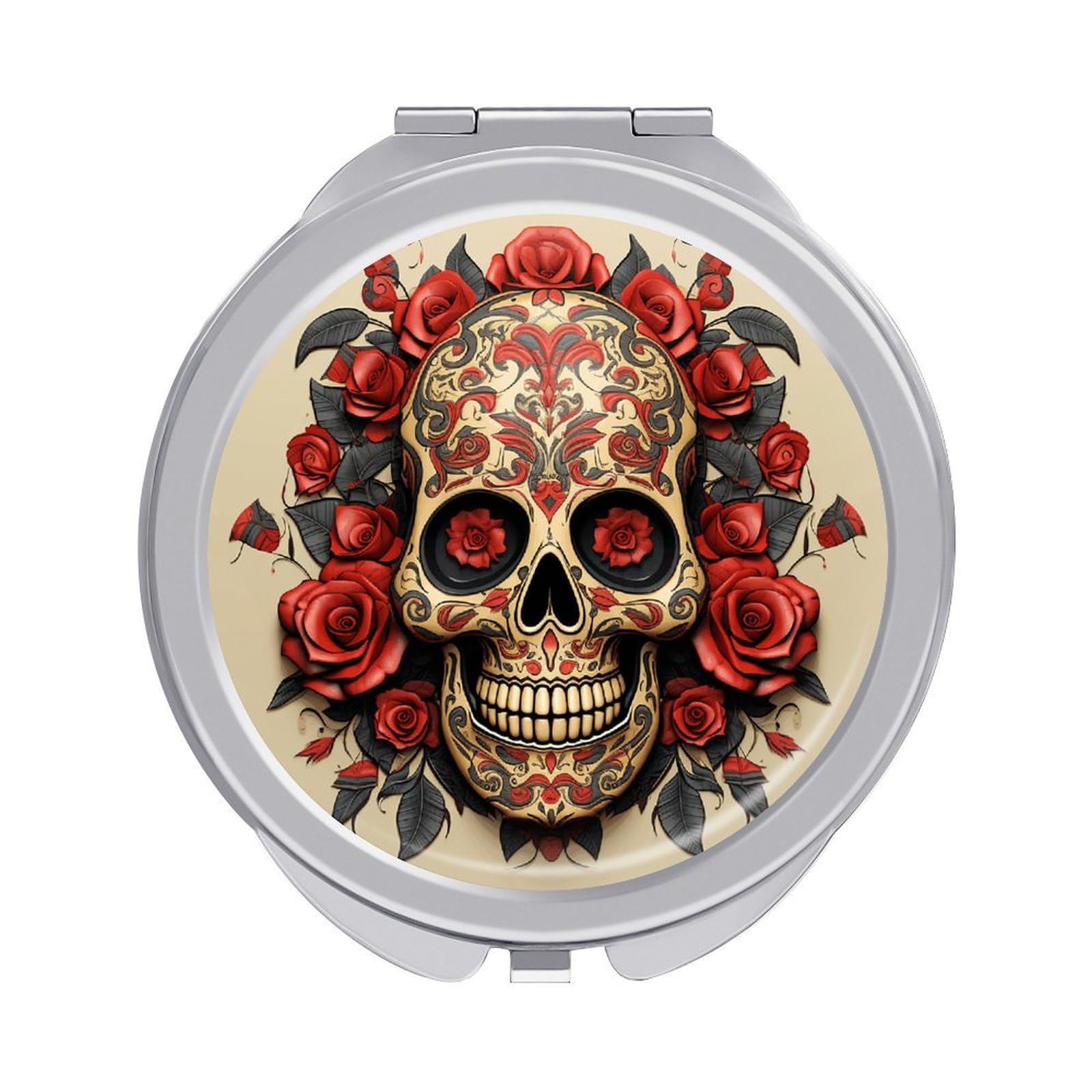 VstaDank Red Rose Sugar Skull Travel Makeup Mirror Cute Compact Mirror for Women 1X/2X Magnifying Metal Pocket Makeup Mirrors Folding Round Makeup Mirrors for Handbag Wallet & Gift