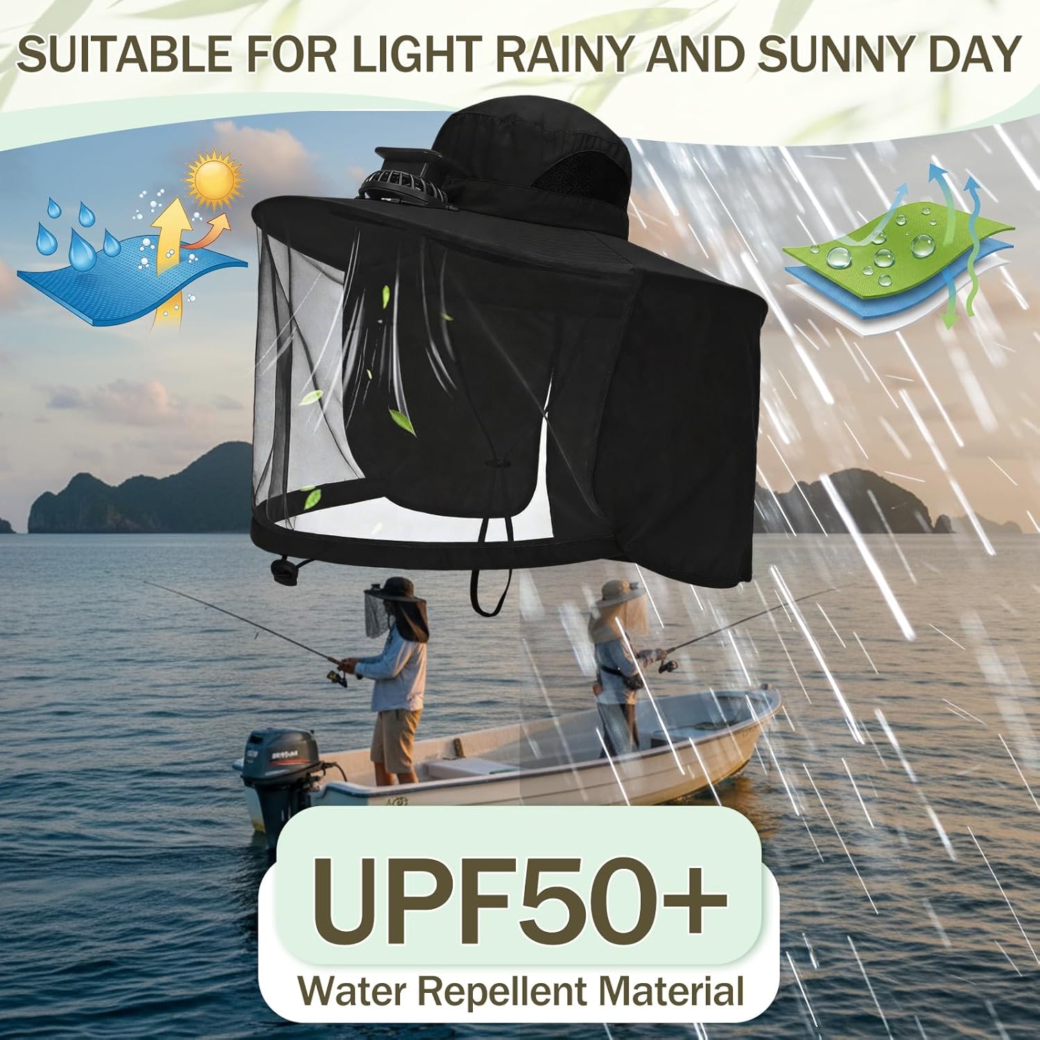 2 Set Solar Fan Hats with Mosquito Net Wide Brim Sun Hat with 2 Set Arm Sleeves for Men Women Camping Hiking Fishing Gardening Outdoor USB and Solar Powered Black, Beige