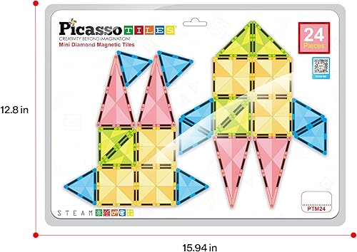 Miniatura 9 de PicassoTiles Mini Diamond PTM24 - Azulejos magnéticos de construcción, 24bloques, juguete portátil y compacto, educación de STEM y temprana,