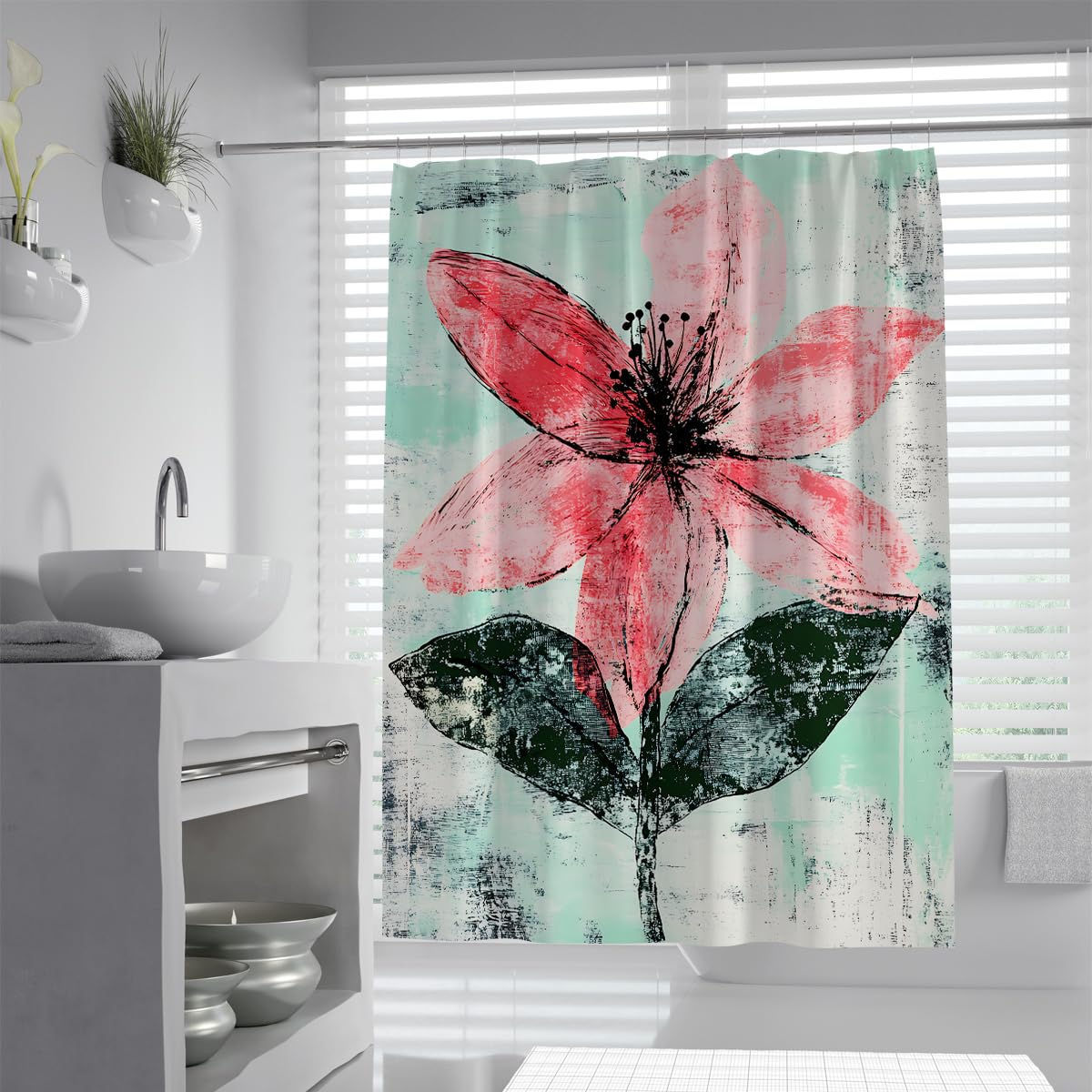 Rideau de Douche Fleuri Abstrait pour Salle de Bain, Ensemble de Rideaux de Bain en Tissu Graffiti Chic avec Crochets en Plastique, imperméable Lavable à séchage Rapide W180xL200 cm
