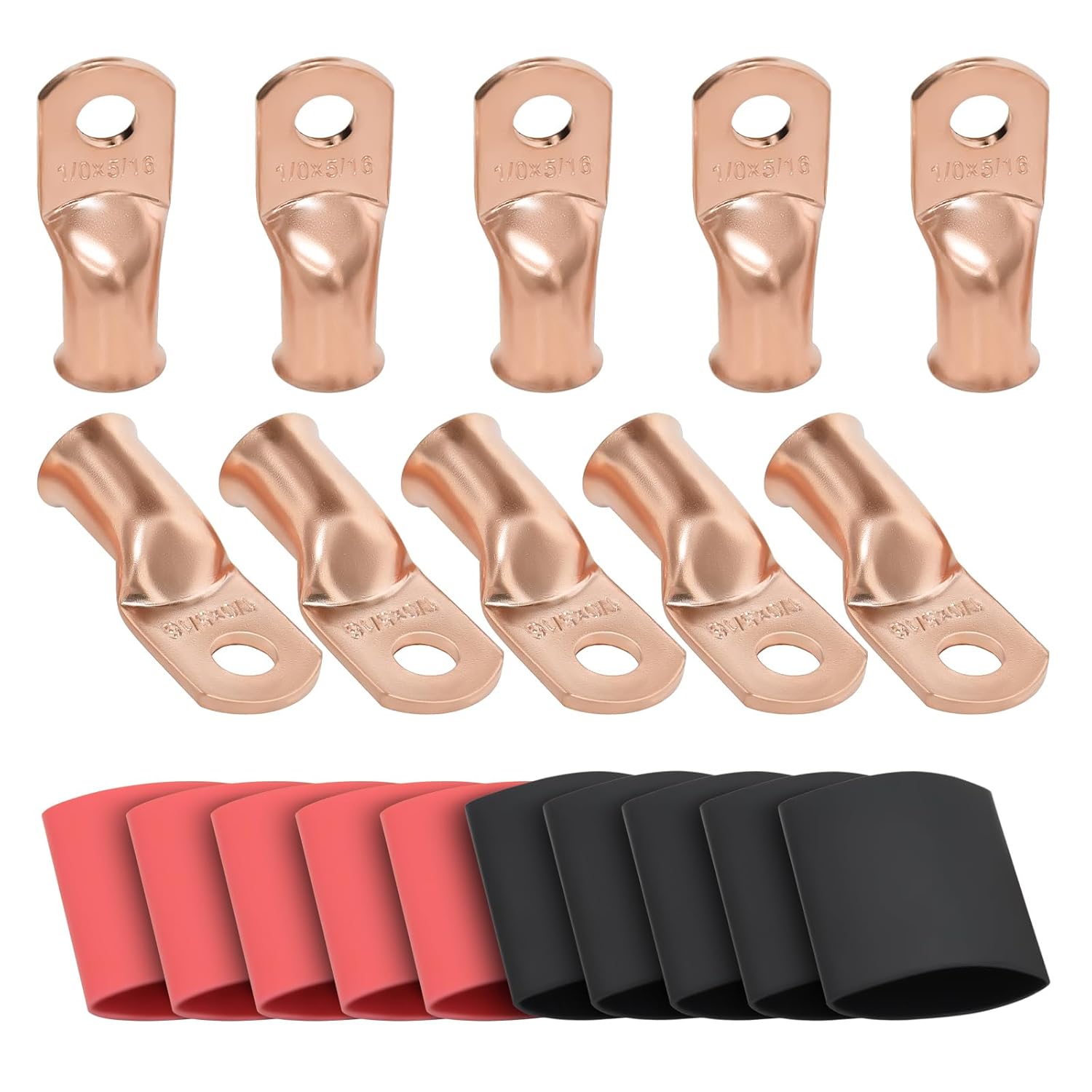 1/0 AWG Welding Cable Kit with Ring Terminals & Heat Shrink Tubing - 10ft Total (5ft Red +5ft Black) OFC Copper +10x 5/16" Terminals +5 Red/5 Black Tubing - American Standard