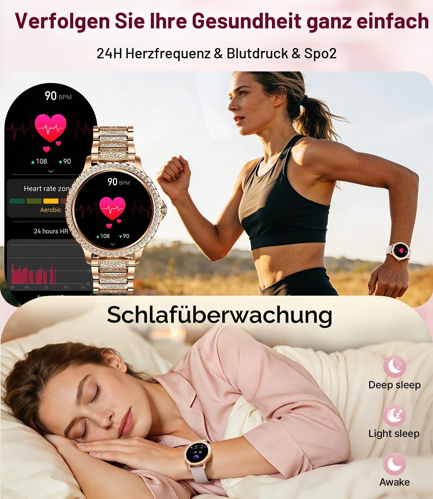 LIGE Smartwatch Damen Bluetooth Anrufe für Android iOS Smart Watch Damen 100+ Sport Activity Tracker 1,32" HD Touch Screen Herzfrequenz Schlaf Monitor Diamant Rosegold Stahl Frauen Smartwatch