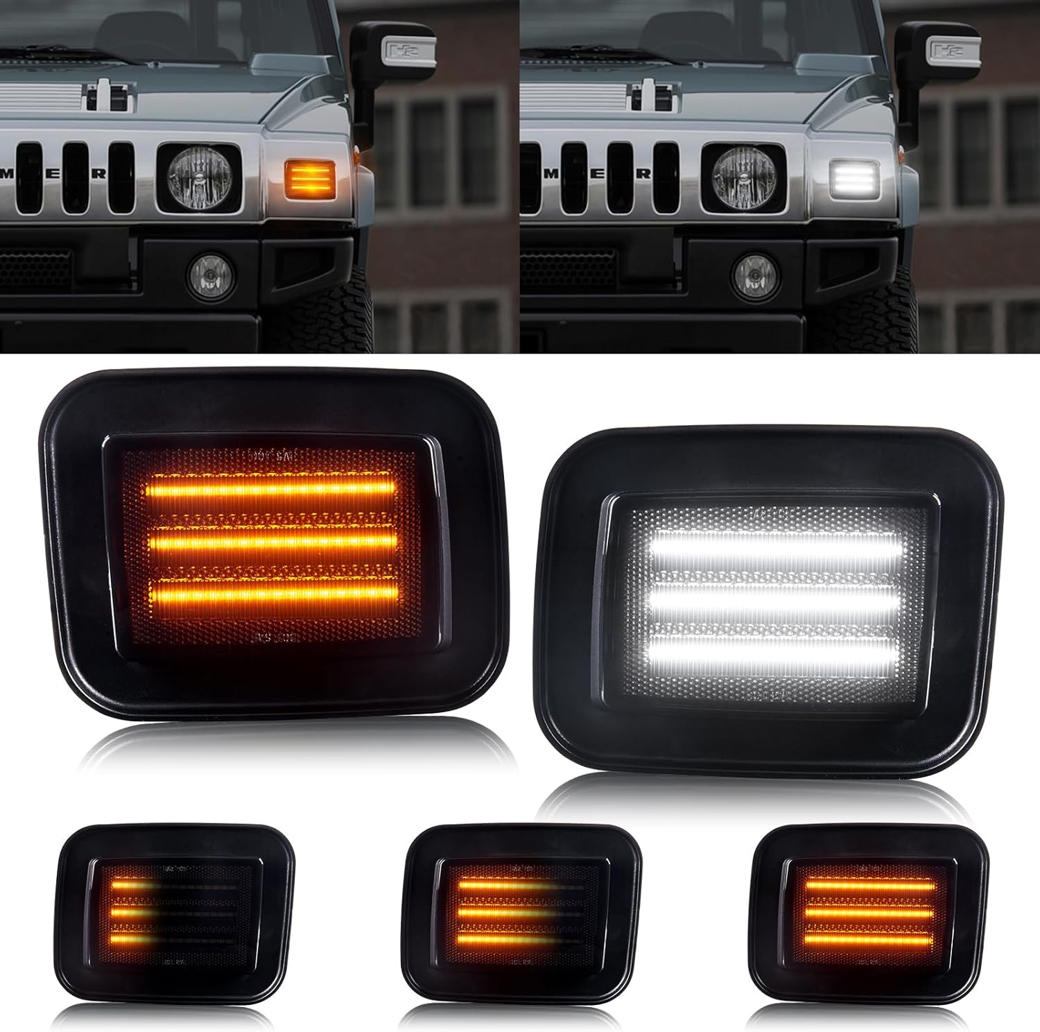Gempro Led Sequential Amber Front Turn Signal Side Marker Lights White Parking Lamps for Hummer H2 2003-2009, 2PCS Smoked Len