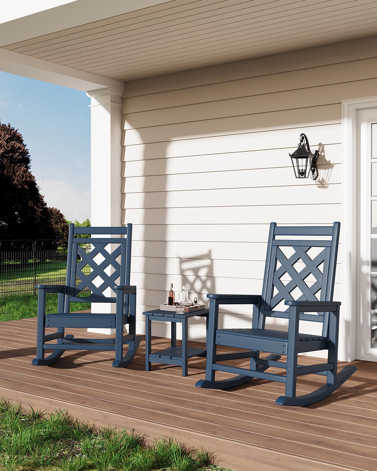 GarveeHome Wetterfester Schaukelstuhl Aus HDPE, Outdoor-Loungesessel Mit Karierte Rückenlehne Und Armlehnen, Großer Schaukelstuhl Mit Hoher Rückenlehne, Für Pool Und Terrasse, 61 x 89 x 102 cm