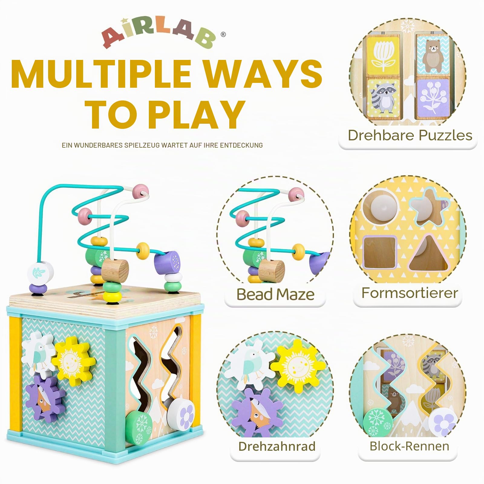 Airlab Motorikwürfel ab 18 Monaten, Aktivitätswürfel Baby, Motorikspielzeug Motorikwürfel aus Holz, Montessori Spielzeug ab 18 Monaten, Holzspielzeug Baby Activity Würfel Geschenk für Kinder