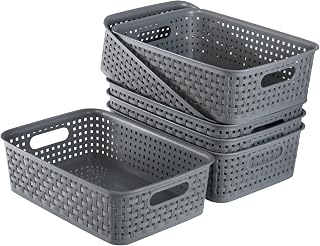 Plastic Storage Baskets - 6 Pack, Gray, Woven Storage Organizer Basket Small Stackable Plastic Weave Baskets, 10.6 x 7.2 x 3.1 inches