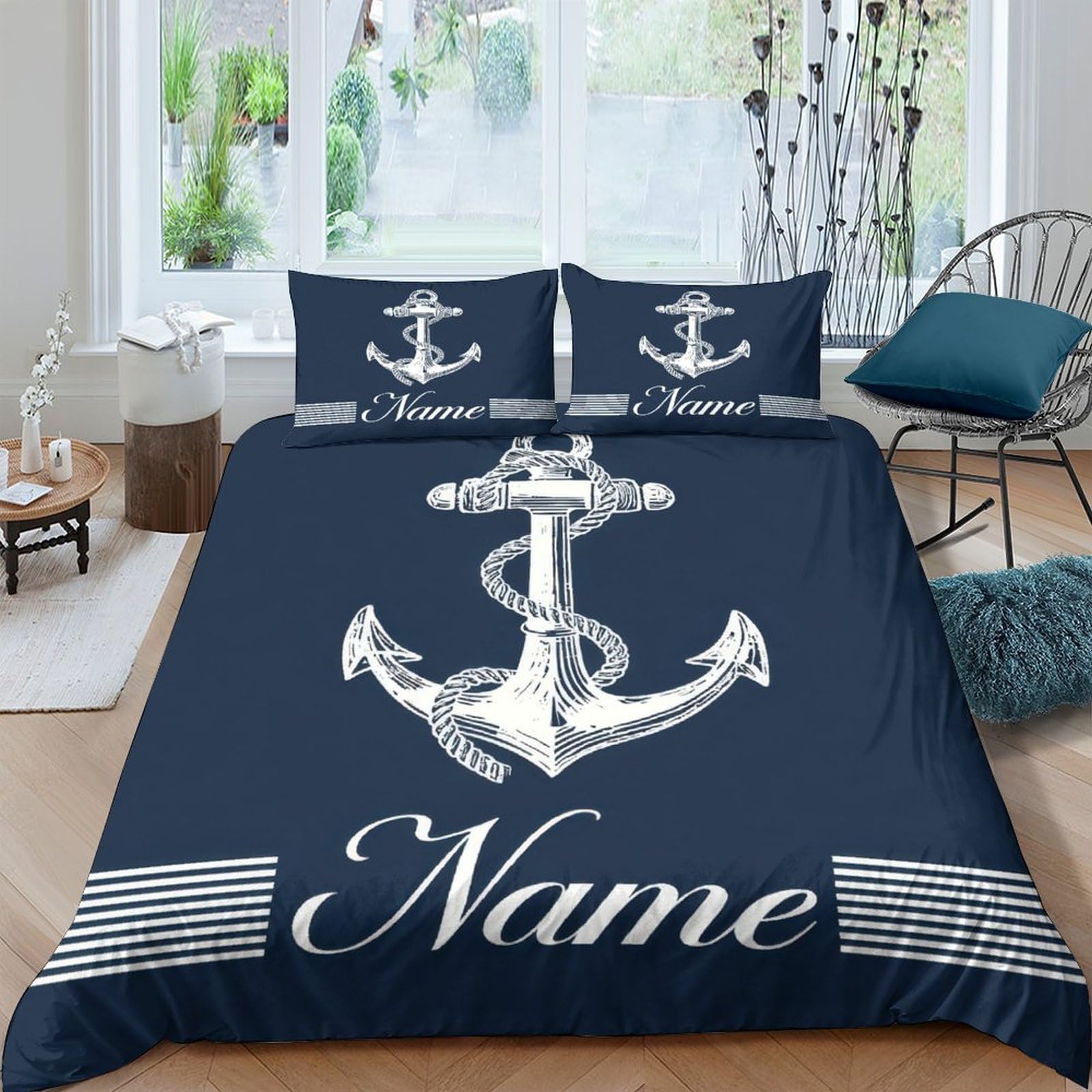 GPLZQXKJNH 3D Printed Navy Anchor Duvet Cover Microfiber Soft Breathable Nautical Stripe Quilt Cover Set with 2 Pillowcases for Bedroom Home Single（135x200cm）