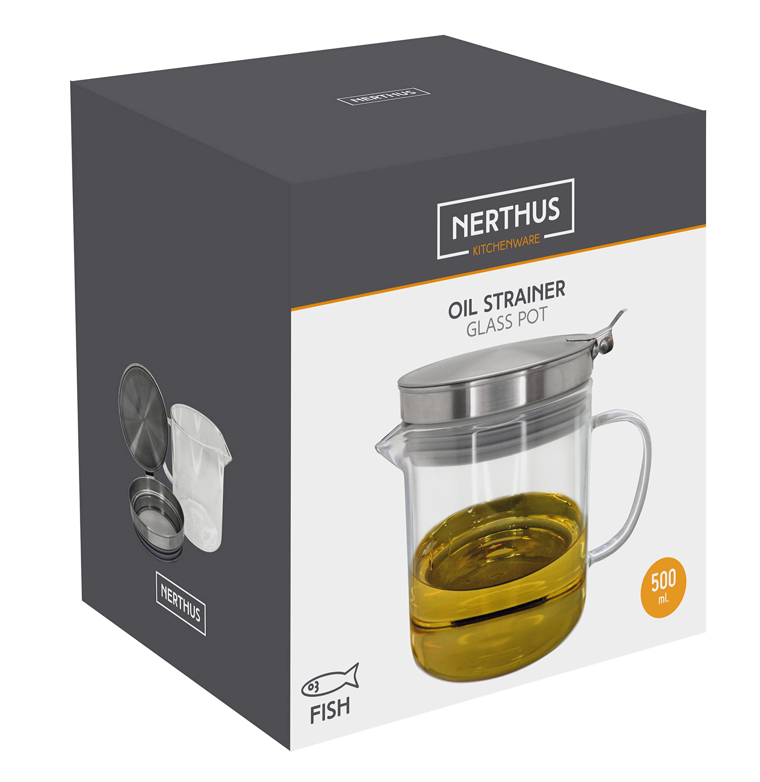 Nerthus FIH 942 grasera cristal con filtro 500 ml aceite pescado cocina reutilizable