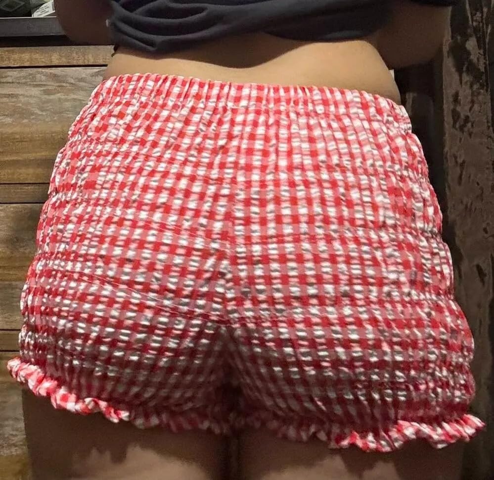 Image of Cute Bloomers Shorts for Women Y2k Ruffle Gingham Bottoms Low Rise Lounge Boy Shorts Plaid Mini Pj Boxers