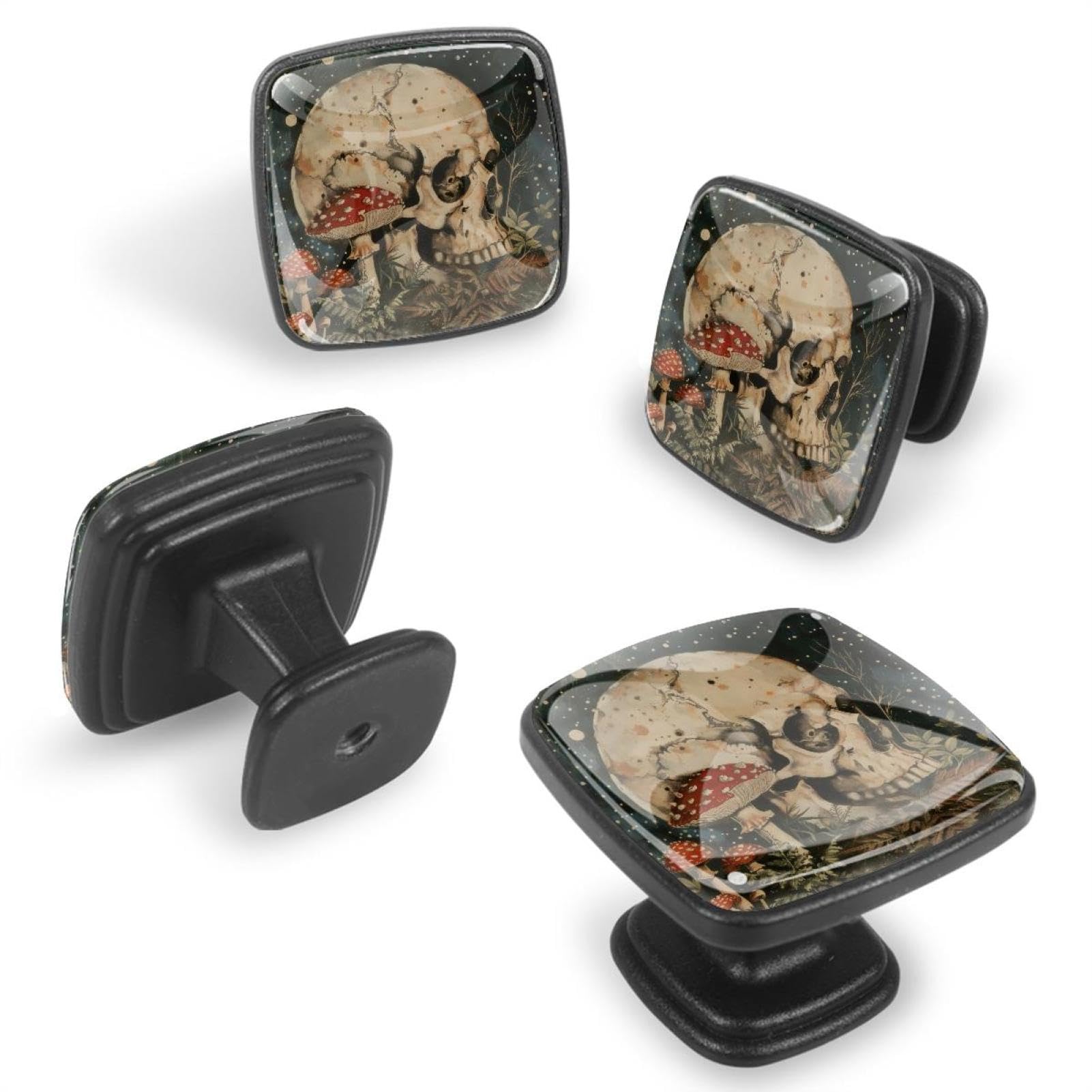 IROLSKDNFH 12 Pieces Skull Mushroom Vintage Plants Moon Garden Glass Knobs for Dresser Drawers, 1.37 x 1.10 in Square Kitchen Cabinet Pulls for Home Office Nursery Kids Room