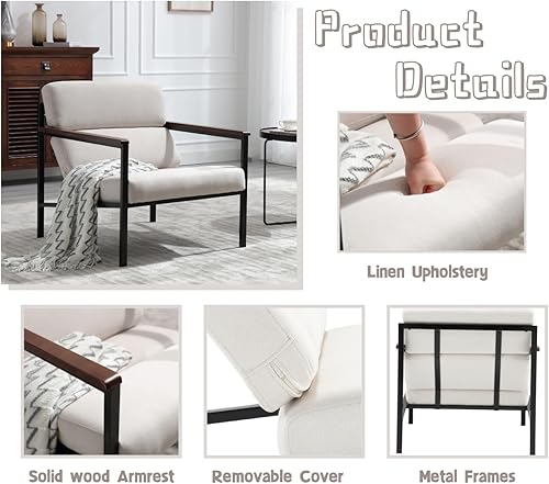 Miniatura 4 de EALSON Modern Accent Chairs Set of 2 Comfy Lounge Chair with Metal Frame Linen Upholstered Arm Chair Single Sofa Chair with Wood Armrest for Living