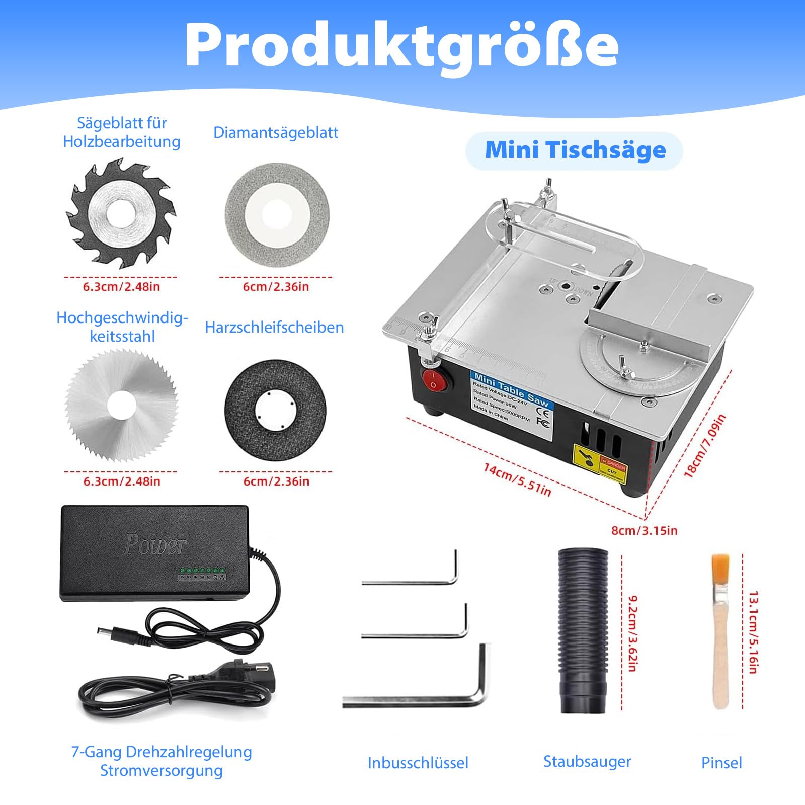 Mini Tischkreissäge mit 4 Klingen, 96W Tischsäge Klein mit 7-Gang-Netzteil Einstellbarer, 0,1-15mm Sägeblatt Höhenverstellbarer, Multifunktionale Table Saw Präzisions Ttischsäge für Holzbearbeitung