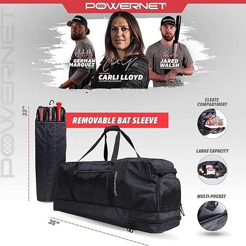 Miniatura 2 de PowerNet Bolsa de bate  Bolsa de bate profesional  Béisbol Softbol  Estante extraíble para bates con gancho para fijar a la valla  Compartimento