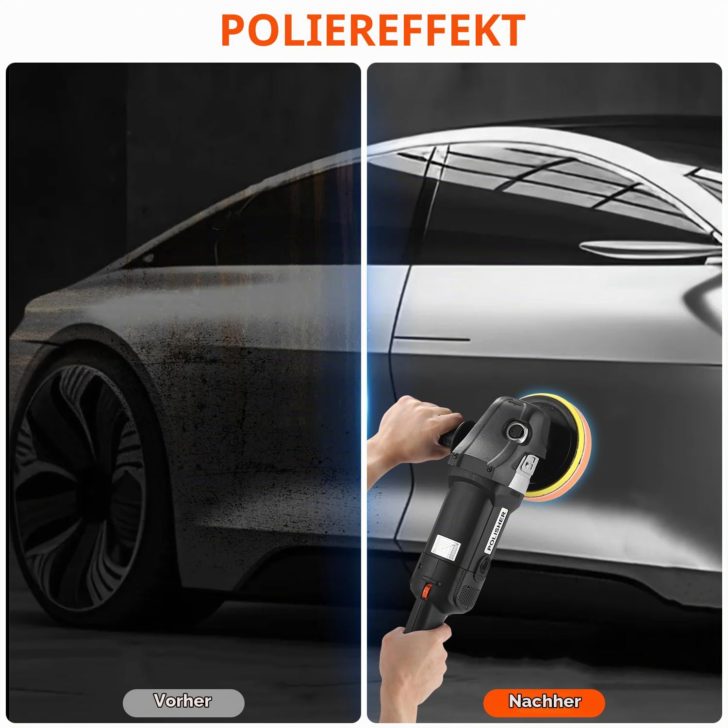 Poliermaschine, 1600W Professionell Auto Poliermaschine Set, 8 Variable Geschwindigkeit, Set 24 pcs mit 180mm Polierteller, Abnehmbarer D Griff und Seitengriff, zum Wachsen und Polieren von Autos