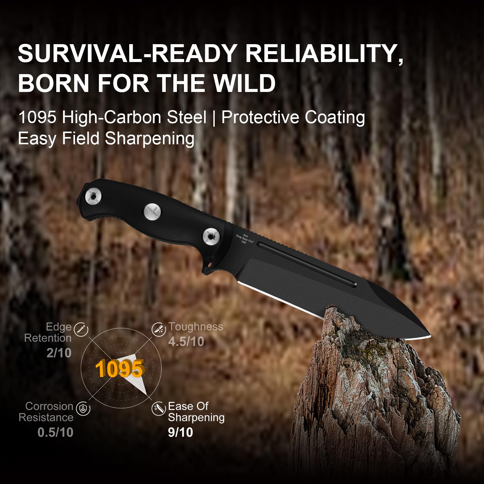 Kizer Drop Bear Fix 7 Cuchillo de Hoja Fija, 16,53 cm Hoja 1095 Cuchillo de Caza con Mango G10 y Pomo Martillo, Cuchillos de Supervivencia de Espiga Completa con Funda y Clip Giratorio, 1103A2