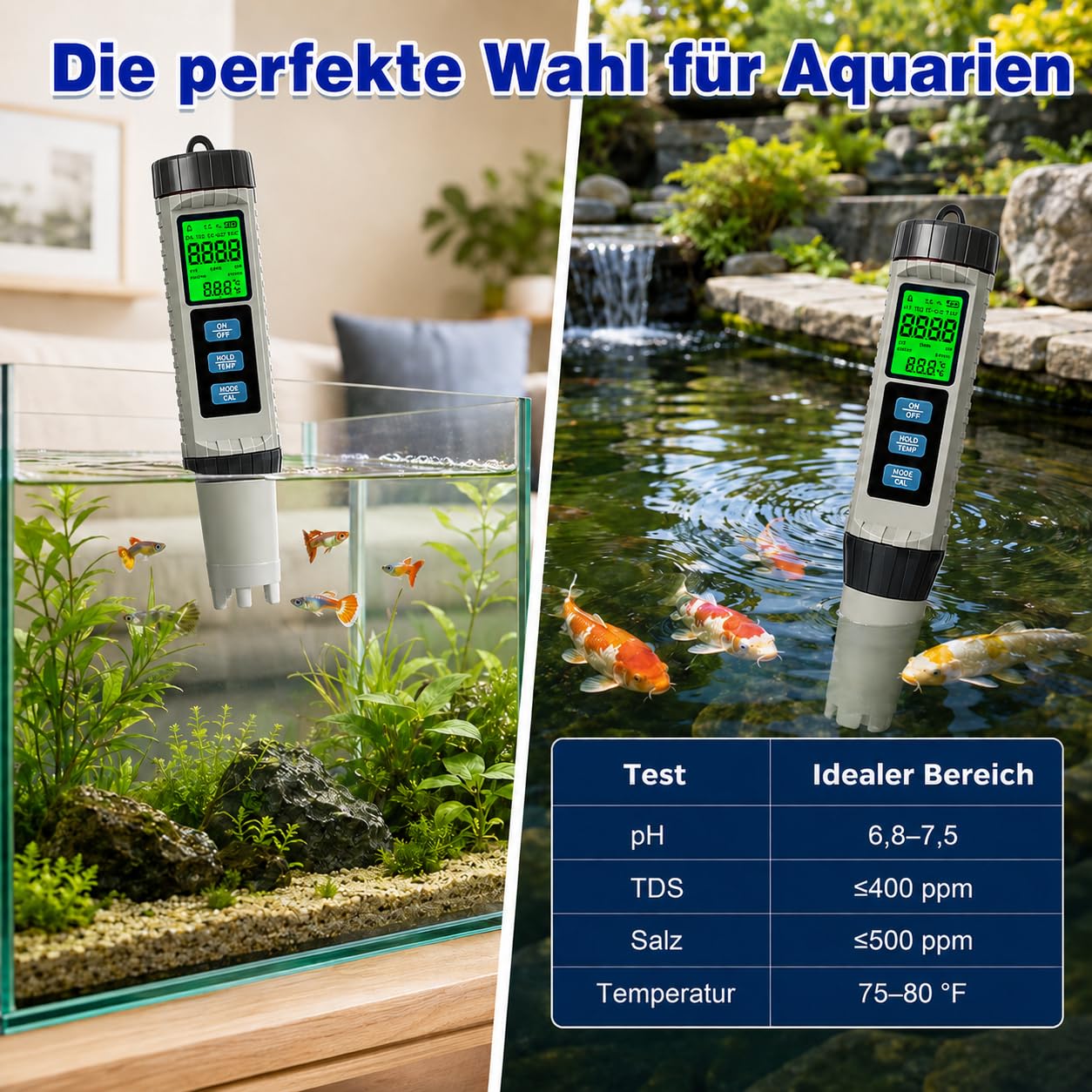 Genossen Testeur d’Eau 8 en 1, pH-mètre Numérique pour pH, TDS, EC, Salinité, ORP, Chlore Libre, Densité et Température, pour Piscine, Aquarium, Spa et Hydroponie
