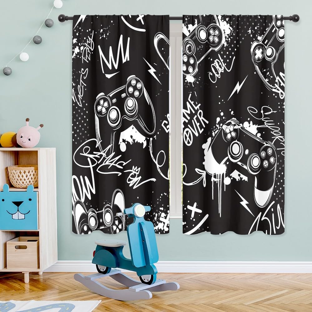 Riyidecor Black White Gaming Boys Curtains Gamer Video Games Controller Gamepad Modern Graffiti Cool Funny Rod Pocket for Kids Teens Men Bedroom