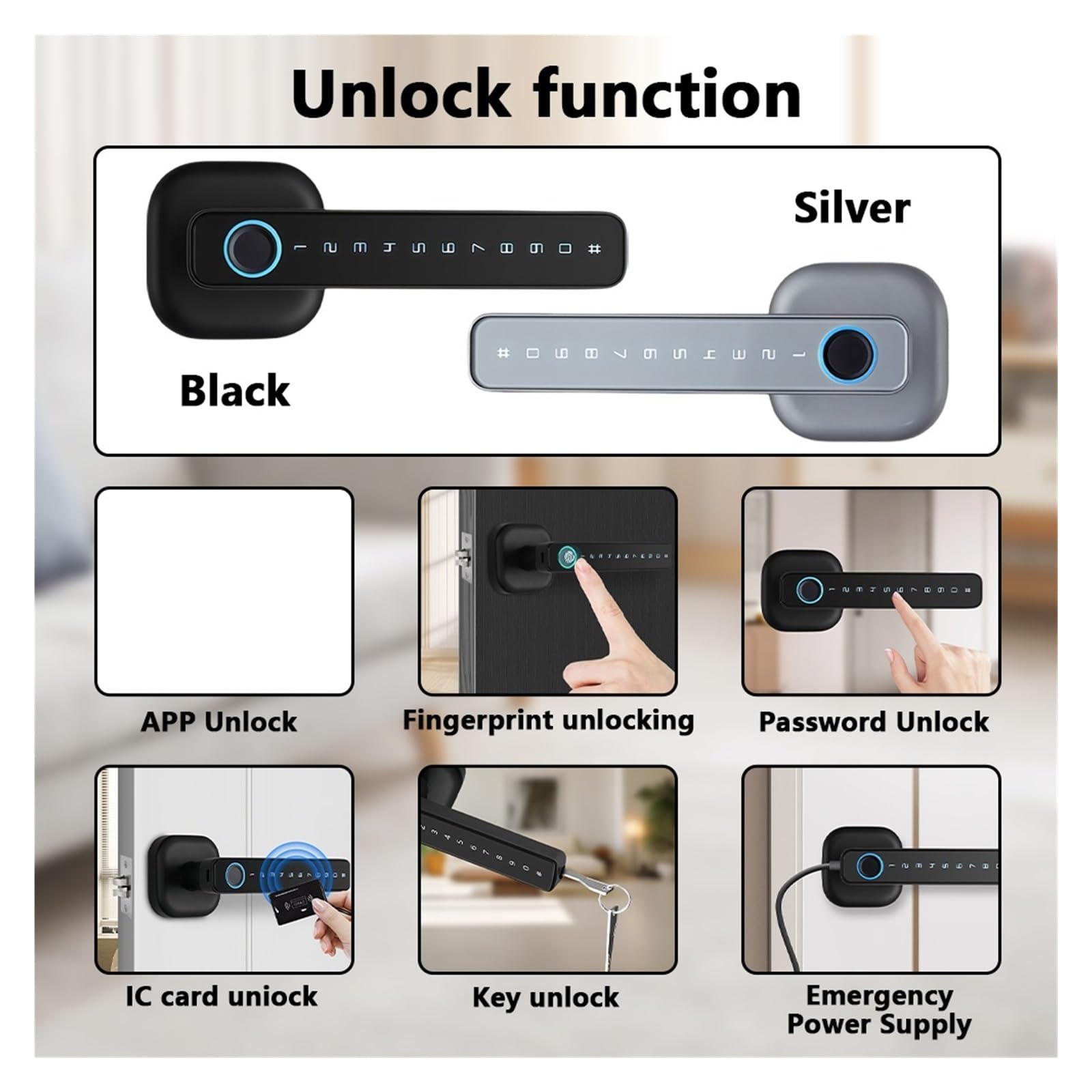 Serrure de porte intelligente, Serrure de porte intelligente Bluetooth M6, mot passe à empreintes digitales, déverrouillage multiple, serrure électronique for la maison(Silver)