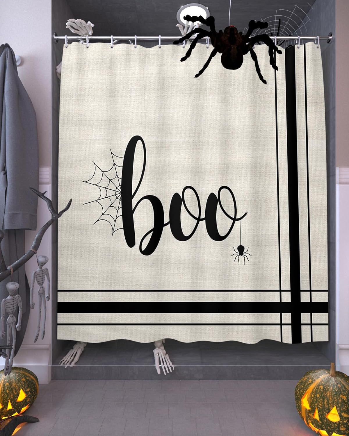 Halloween Waterproof Shower Curtains Set - Extra Long 72 x 84 Inch, Boo Black Striped Rustic Polyester Fabric Bathroom Curtain with 12 Hooks, Bathroom Accessories, 1 Panel