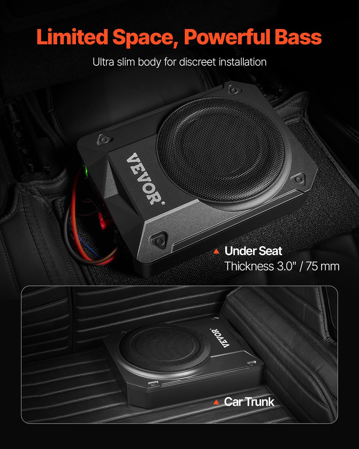 VEVOR Untersitz Auto Subwoofer 800 W 203 mm schlanker Auto Subwoofer mit Stromversorgung, Subsystem mit eingebautem Verstärker, Hoch-/Niedrigpegel-Eingang und Lautstärkeregler für SUVs Lkws