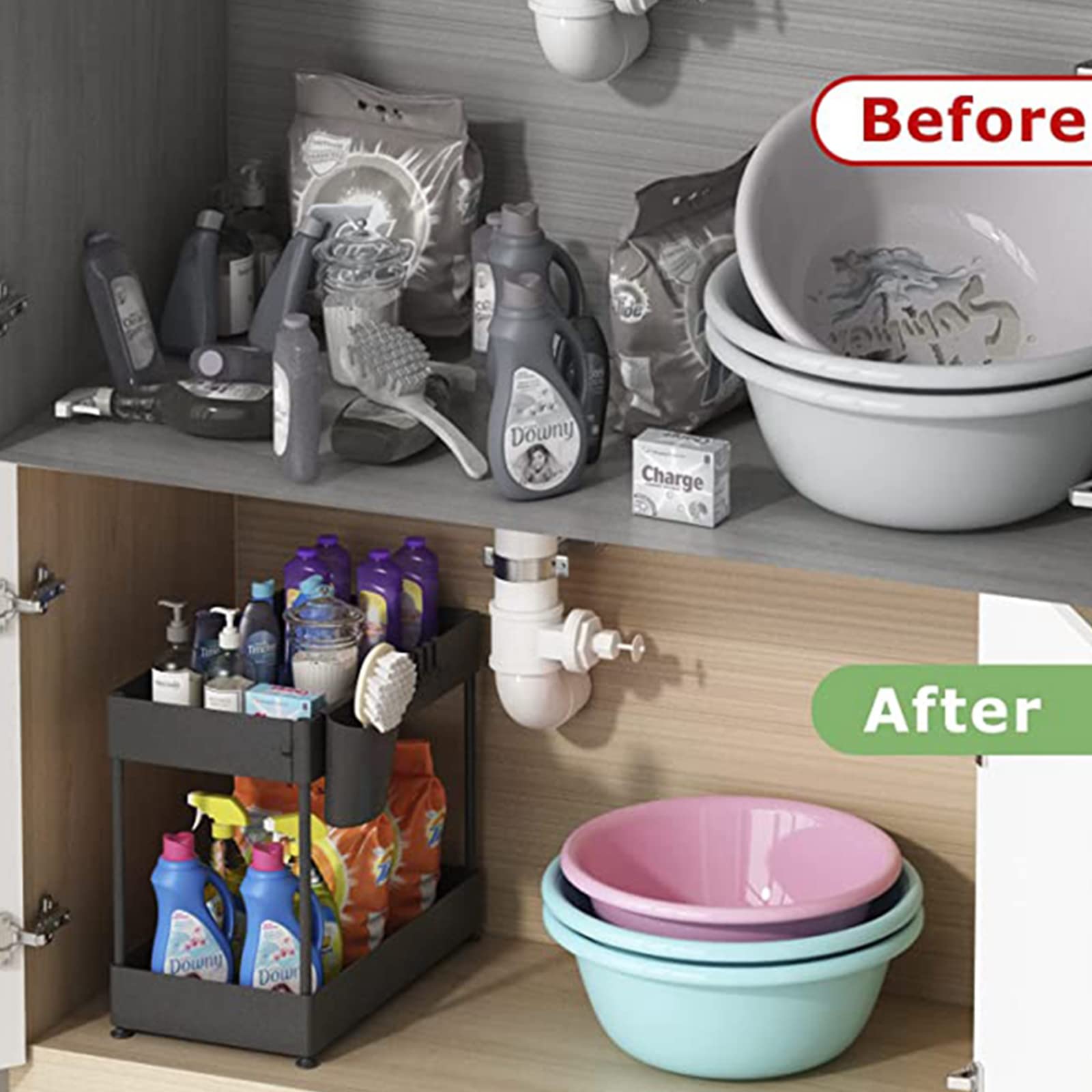 Organizador de Almacenamiento para Debajo del Fregadero, Organizador de Armario de Cocina y Cesta de Almacenamiento con Ganchos, 2 Niveles para Organizador de baño y Cocina