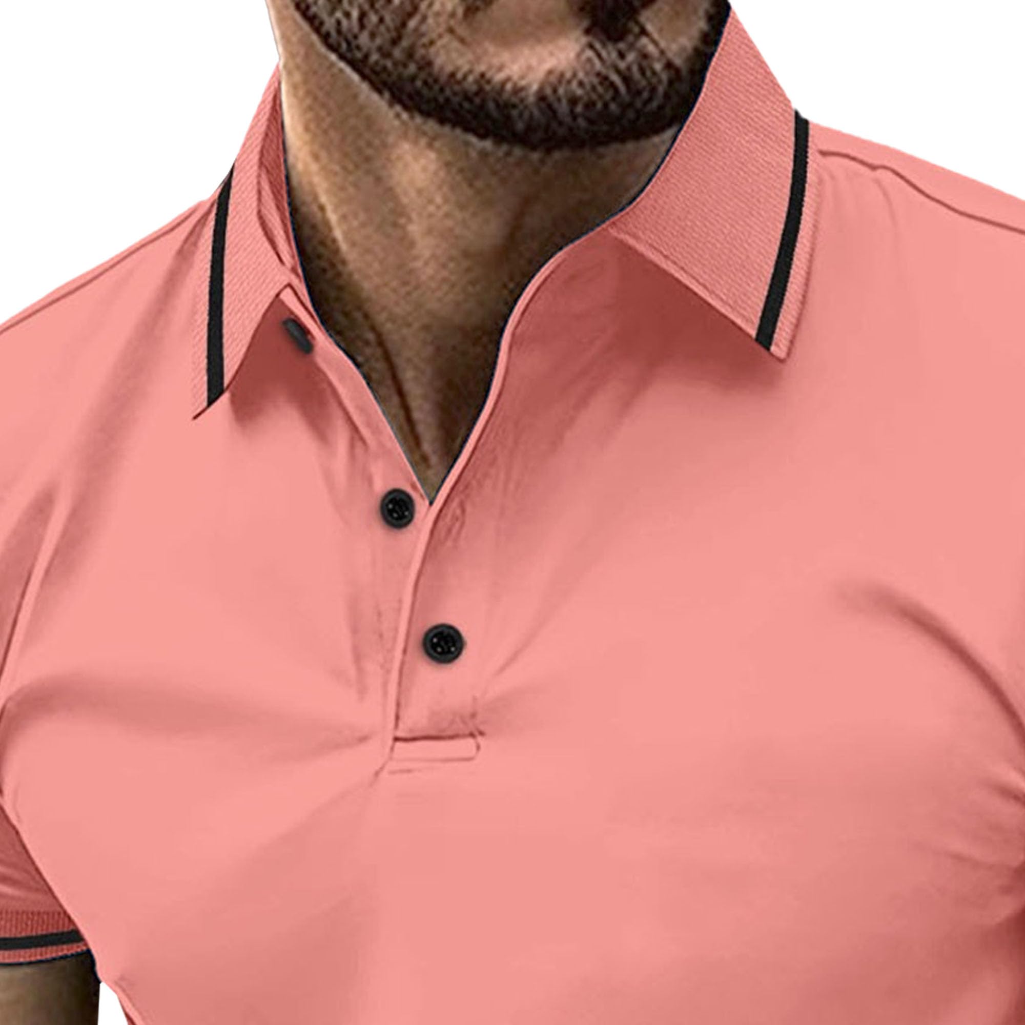 Men Quarter Button Rib Street Shirts Classic Henry Neck Sports Polo Shirt Summer Slim Exercise Training Pullover (Light Red,Medium)