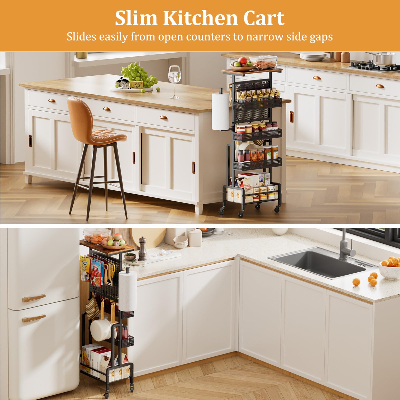 Carrito de Almacenamiento Estrecho - Carro con Ruedas y Tapa de Madera | Organizador estrecho con panel perforado, 6 ganchos y portarrollos de cocina. Estantería fina antivuelco.