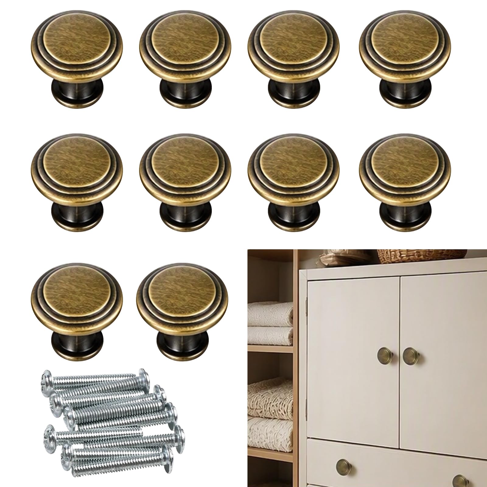 Elovara 10PCS Antique Brass Cabinet Knobs, 30mm Vintage Drawer Knobs