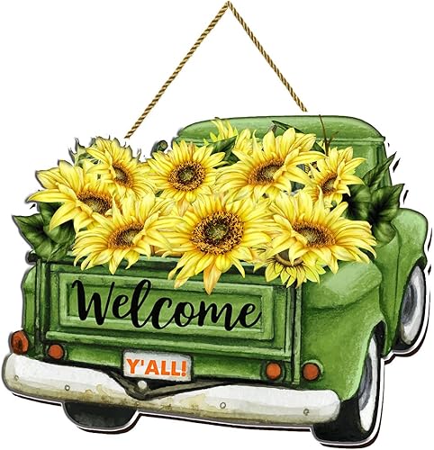Signo de puerta de girasol granja bienvenida Y'all girasol retro camión puerta suspensión bienvenida verano impreso placa de madera cartel colgante