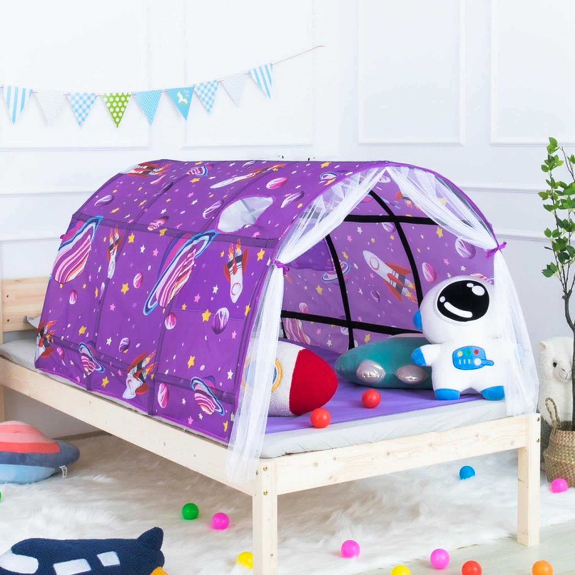 Bettzelt, 55 x 39, 4 x 31, 5 Zoll, Oxford-Stoff, sicheres und unterhaltsames Bettzelt in voller Größe mit Planetenthema, tragbarer Kinderspieltunnel mit Netzvorhang für den Innenbereich, Heimzeltbe