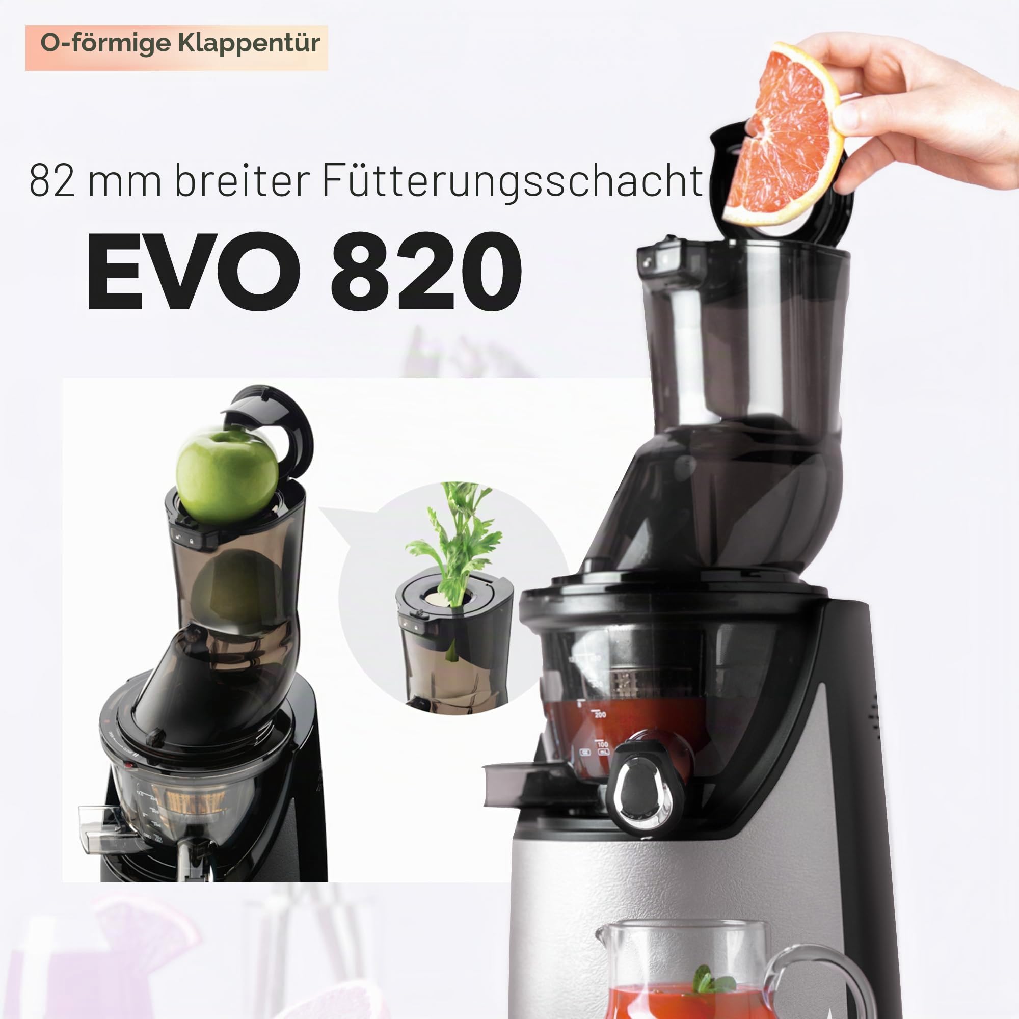 Kuvings EVO820 Slow Juicer Saftpresse – Entsafter mit großem Einfüllschacht und starkem 240W Motor für gesunde Obst- und Gemüsesäfte (Gray)