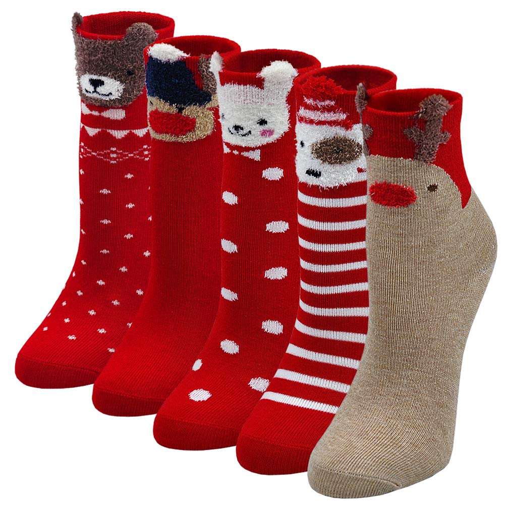 PUTUO Kids Girls Christmas Socks: Boys Fun Novelty Animal Cotton Santa Socks for Xmas Gifting 5-7 Years 5 pairs