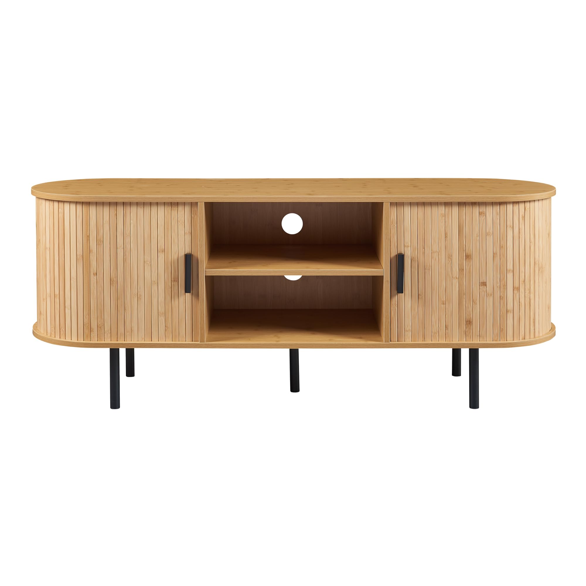[en.casa] Mueble de TV Tvedestrand con 2 Compartimentos con Puertas Correderas y 2 Compartimentos Abiertos Mueble de Salón para TV Bambú Metal 140 x 40 x 55 cm - Efecto Madera/Negro